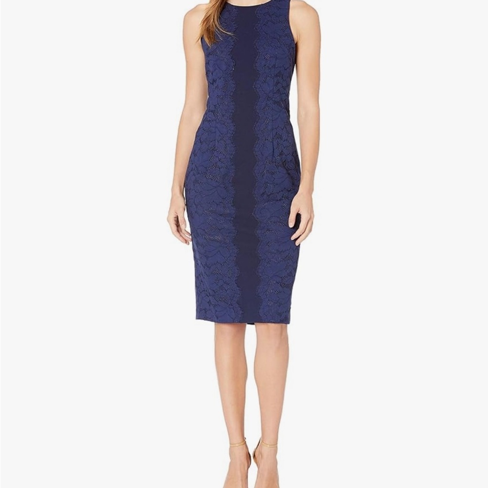 NWT MAGGIE LONDON DRESS FAN LEAF LACE STRETCH, NAVY BLUE, LINED, SLEEK SZ 4